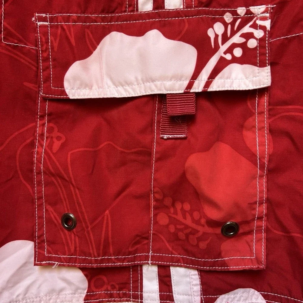 VTG Brents Surf Wear Swim Cargo Board Shorts Mens XL Lined Red Hawaiian Beach